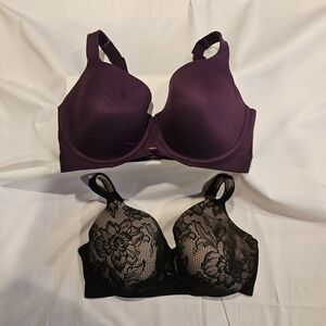 Cacique 40F Back Smoothing Bra Bundle Purple & Black Lace Full Coverage Support